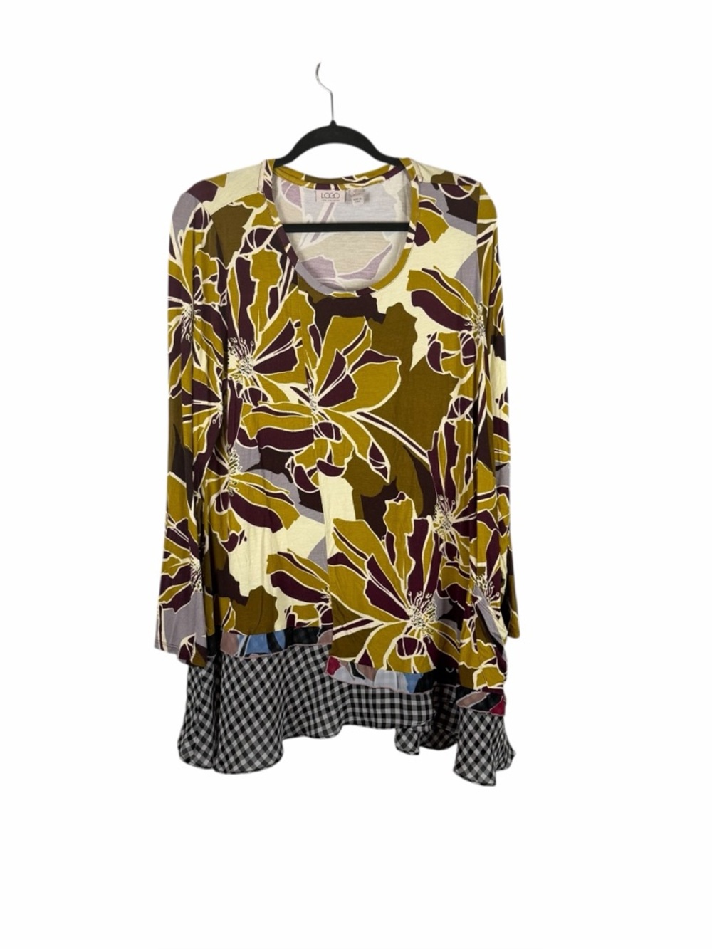 LOGO Lori Goldstein Floral Mixed Print Knit Tunic Top Ruffle Hem Size XL
